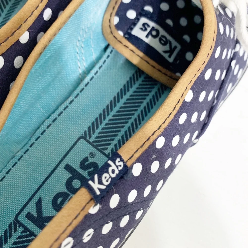 Keds Classic Champion Navy Blue and White Polka Dot Canvas Sneakers Tan Trims